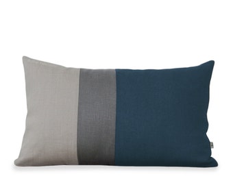 Lake Colorblock Pillow Cover with Stone Grey Stripe and Natural Linen by Jillian Rene Decor - Dark Teal - Fall Decorative Pillow FW2015