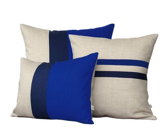 Cobalt Blue Pillow Set - Color Block and Striped Pillow Set by JillianReneDecor (Set of 3) - Dazzling Blue - Colorblock Pillow Trio - Monaco