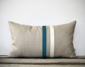 Teal and Cream Striped Lumbar Pillow (12x20) Modern Home Decor by JillianReneDecor - Minimal - Dark Turquoise (More Colors)