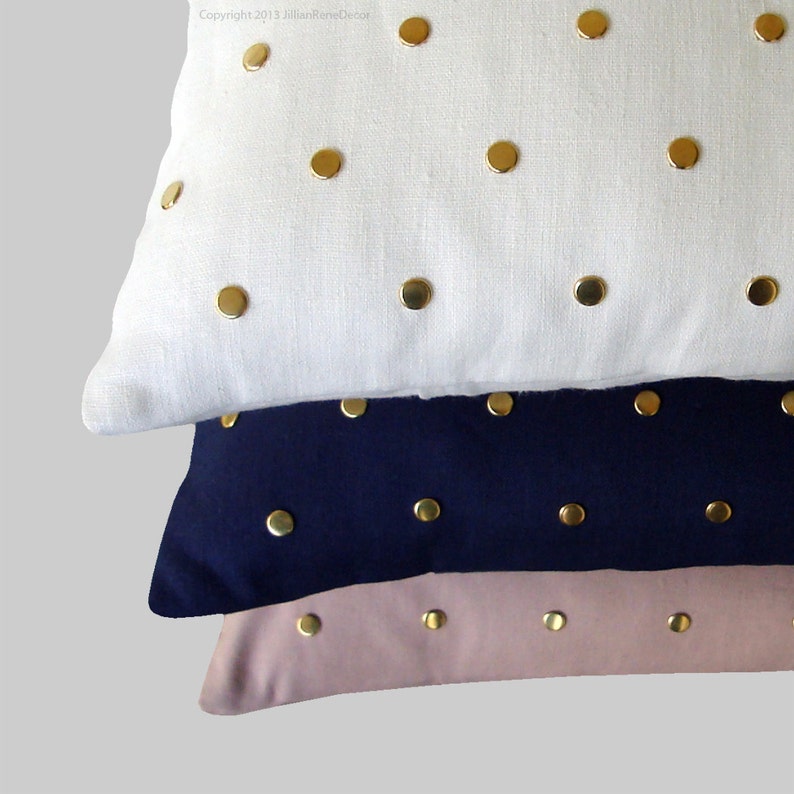 Studded Pillow Cover in Natural Linen 12x20 Polka Dot Pattern by JillianReneDecor Geometric Pillow Home Decor Antique Brass Studs image 4