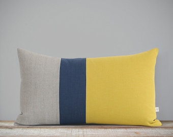 Colorblock Pillow Cover in Mustard Yellow, Navy and Natural Linen (12x20) by JillianReneDecor - Modern Home Decor - Decorative Pillow