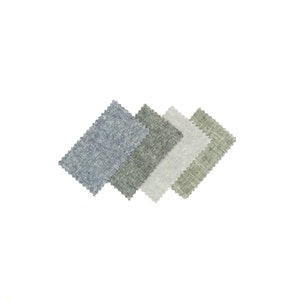 May include: Four fabric swatches in different shades of blue and green. The swatches are arranged in a diamond shape.