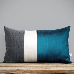 Silk Color Block Pillow (12x20) Teal, Cream + Slate Gray by JillianReneDecor, Classic Blue Colorblock Pillow, Modern Home Decor, Blue Pillow