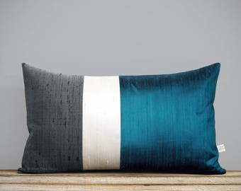 Silk Color Block Pillow (12x20) Teal, Cream + Slate Gray by JillianReneDecor, Classic Blue Colorblock Pillow, Modern Home Decor, Blue Pillow