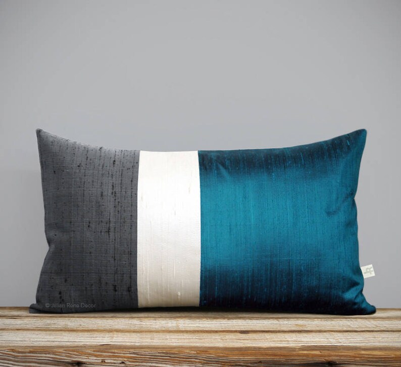 Silk Color Block Pillow 12x20 Teal Cream Slate Gray by Etsy
