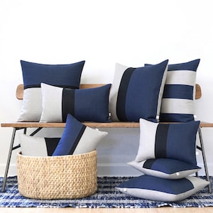 Colorblock Pillow Cover with Navy Blue, Black and Natural Linen Stripes by JillianReneDecor, Modern Home Decor, Stripe Trio, Indigo Blue image 3