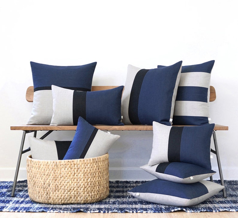 Colorblock Pillow Cover with Navy Blue, Black and Natural Linen Stripes by JillianReneDecor, Modern Home Decor, Stripe Trio, Indigo Blue image 3