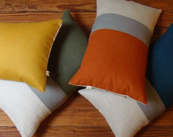 Colorblock Pillow Cover in Stone Grey & Natural Linen Stripes by JillianReneDecor - Custom Colors - FW2015