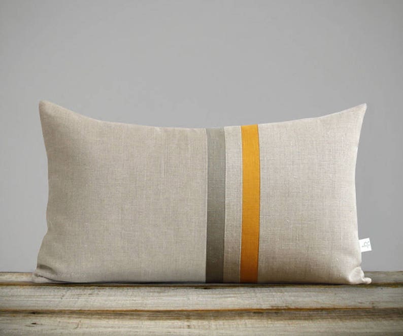 Marigold Yellow & Stone Gray Striped Linen Lumbar Pillow Cover 12x20 Fall Home Decor by JillianReneDecor Autumn FW2015 image 1