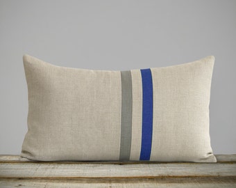 Royal Blue - Stone Gray Striped Linen Lumbar Pillow Cover (12x20) Automne Home Decor par JillianReneDecor - Automne - FW2015