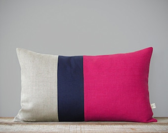 Hot Pink Colorblock Pillow Cover - Navy and Natural Linen (12x20) by JillianReneDecor - Bright Colors - Mid Mod Decor - Lumbar Striped Trio