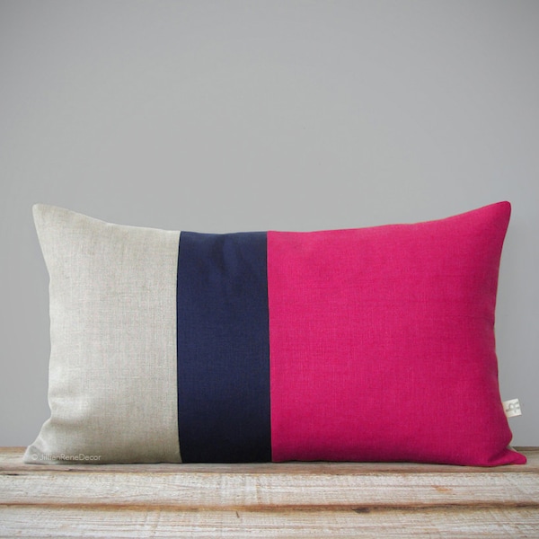 Caldo Rosa Colorblock Pillow Cover - Navy e natural Linen (12x20) di JillianReneDecor - Colori vivaci - Mid Mod Decor - Lumbar Striped Trio