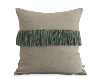 Kelly Green Tassel Pillow Cover in Natural Linen (Hand-Knotted Fringe) Decorative Pillow by JillianReneDecor - Boho Chic Summer Decor