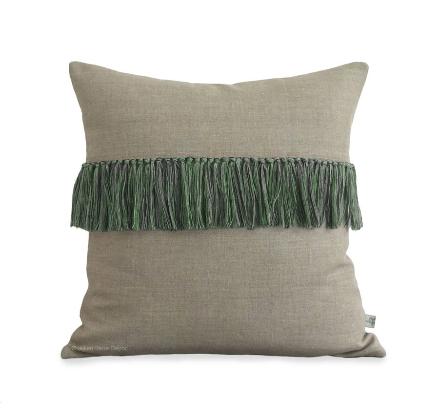 Housse d'oreiller Kelly Green Tassel en Lin Naturel | Frange Nouée à La Main Oreiller Décoratif Par 