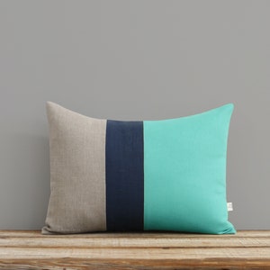 Mint Colorblock Decorative Pillow Cover with Navy and Natural Linen Stripes by JillianReneDecor, Modern Decor, Color Block, Aqua Turquoise zdjęcie 1