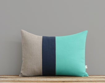 Mint Colorblock Decorative Pillow Cover with Navy and Natural Linen Stripes by JillianReneDecor, Modern Decor, Color Block, Aqua Turquoise