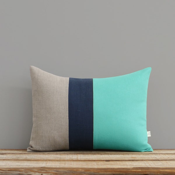 Mint Colorblock Decorative Pillow Cover with Navy and Natural Linen Stripes by JillianReneDecor, Modern Decor, Color Block, Aqua Turquoise