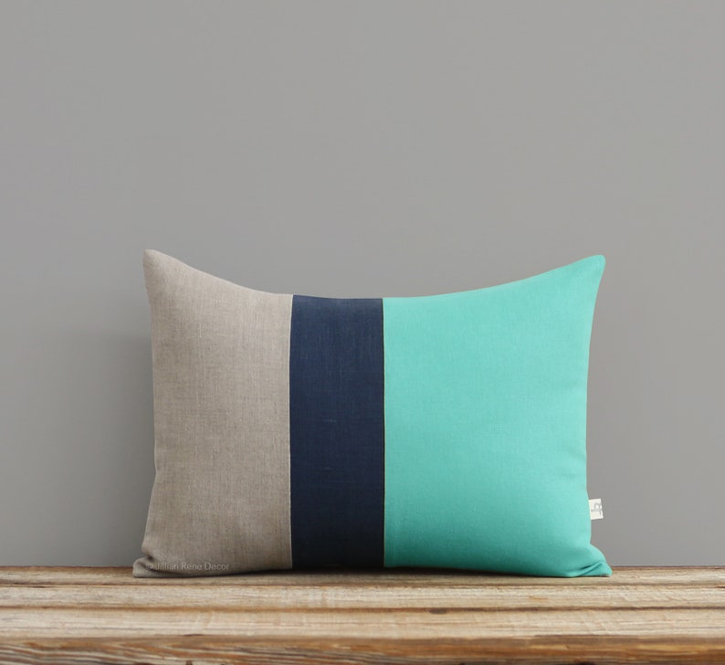 Mint Colorblock Decorative Pillow Cover with Navy and Natural Linen Stripes by JillianReneDecor, Modern Decor, Color Block, Aqua Turquoise zdjęcie 1