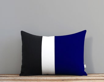 Cobalt Colorblock Stripe Pillow in Cream and Black Linen by JillianReneDecor - Black and White - Indigo Blue Striped Trio