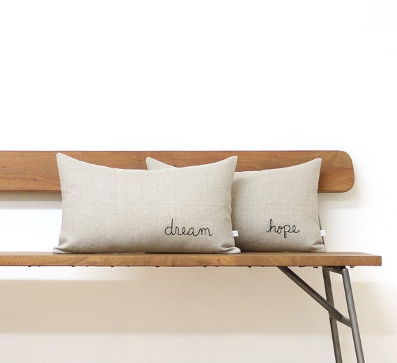 DREAM Hand Embroidered Word Pillow Cover in Natural Linen (12x20) by JillianReneDecor, Vintage Inspired, Cursive Letters, Dream Pillow
