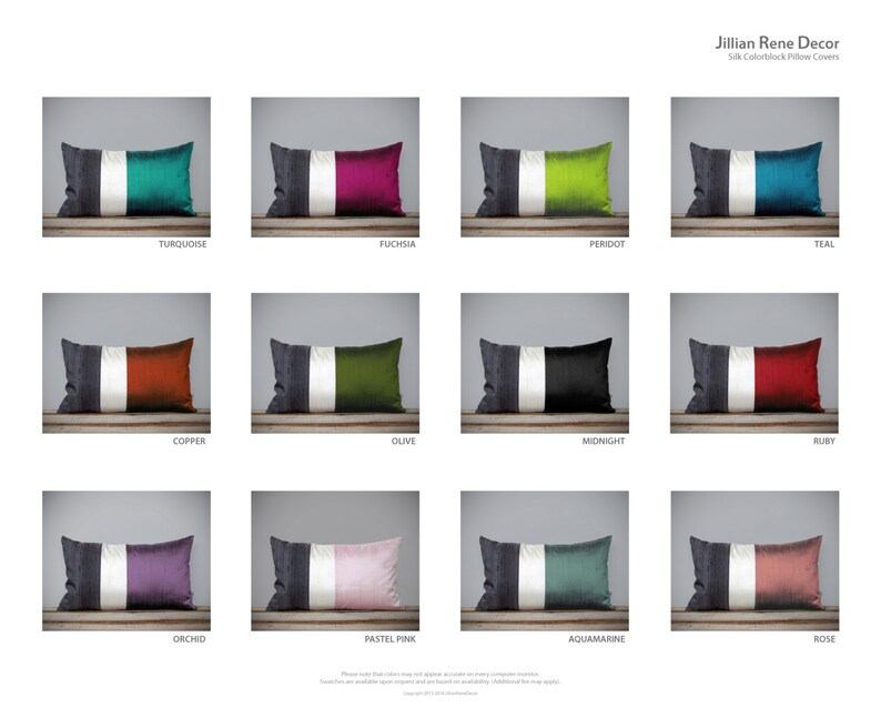 May include: A set of 12 silk pillow covers with a colorblock design. Each pillow cover features a white stripe in the center and a solid color on either side. The colors include turquoise, fuchsia, peridot, teal, copper, olive, midnight, ruby, orchid, pastel pink, aquamarine, and rose.