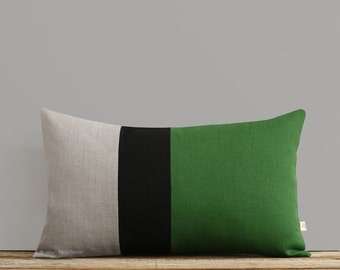 Lumbar Pillow in Meadow Green, Black and Natural Linen, Colorblock Pillow Cover (12x20) by JillianReneDecor, Fall Home Decor, Stripe Trio