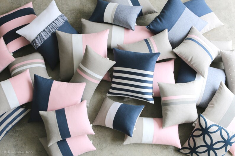 Rose Quartz Pastel Pink and Navy Blue Striped Pillow Cover 12x20 Modern Home Decor by JillianReneDecor Colorful Colorblock Stripes
