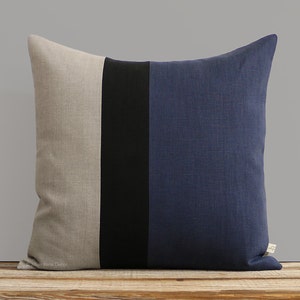 Navy Blue, Black and Natural Linen Colorblock Pillow Cover 20x20 by JillianReneDecor, Modern Home Decor, Indigo, Stripes, Spring image 1