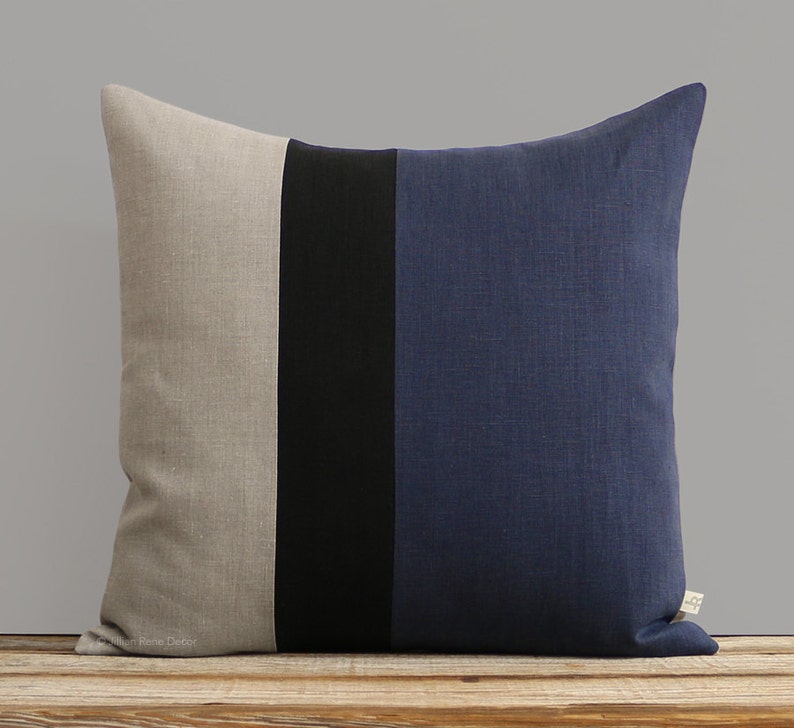 Navy Blue, Black and Natural Linen Colorblock Pillow Cover 20x20 by JillianReneDecor, Modern Home Decor, Indigo, Stripes, Spring image 1