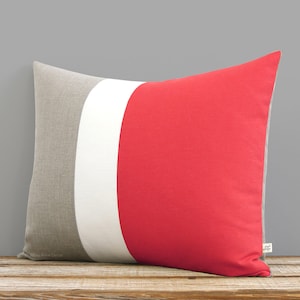 16x20 Color Block Pillow Cover in Coral, Cream and Natural Linen by JillianReneDecor Home Decor Striped Trio Custom image 1