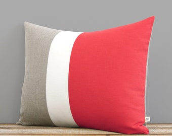 16x20 Color Block Funda de almohada en coral, crema y lino natural por JillianReneDecor - Home Decor - Striped Trio - Custom