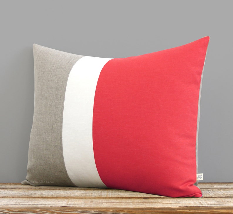 16x20 Color Block Pillow Cover in Coral, Cream and Natural Linen by JillianReneDecor Home Decor Striped Trio Custom image 1
