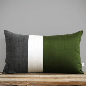 Silk Colorblock Pillow Olive, Cream + Charcoal Gray 12x20 by JillianReneDecor - Fall Decor - Olive Green