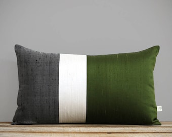 Silk Colorblock Pillow Olive, Cream + Charcoal Gray 12x20 by JillianReneDecor - Fall Decor - Olive Green