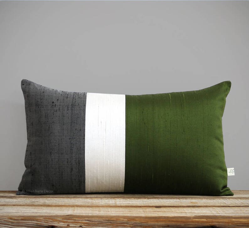 Silk Colorblock Pillow Olive, Cream Charcoal Gray 12x20 by JillianReneDecor Fall Decor Olive Green image 1