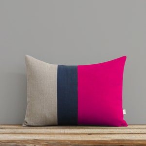 As seen in COUNTRY LIVING MAGAZINE: Colorblock Pillow Cover in Hot Pink, Navy and Natural Linen Stripes by JillianReneDecor, Modern Decor image 1