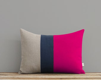 As seen in COUNTRY LIVING MAGAZINE: Colorblock Pillow Cover in Hot Pink, Navy and Natural Linen Stripes by JillianReneDecor, Modern Decor
