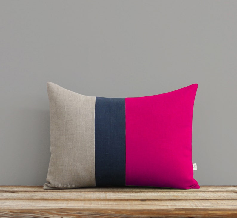 As seen in COUNTRY LIVING MAGAZINE: Colorblock Pillow Cover in Hot Pink, Navy and Natural Linen Stripes by JillianReneDecor, Modern Decor image 1