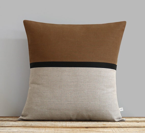Caramel Horizon Line Pillow Cover With Black Natural Linen Stripes by Jillianrenedecor Modern Home Decor 20x20 Colorblocking Decor Etsy