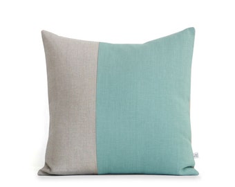 Minimal Linen Pillow Cover in Aqua and Natural Linen (18x18) by JillianReneDecor, Modern Home Decor, Two Tone Color Block Pillow