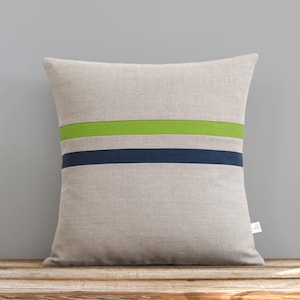 Lime and Navy Striped Linen Pillow Cover (16x16) by JillianReneDecor, Colorful Home Decor
