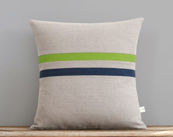 Lime and Navy Striped Linen Pillow Cover (16x16) by JillianReneDecor, Colorful Home Decor