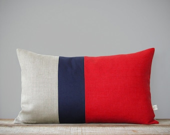 Color Block Stripe Pillow Cover in Poppy Red, Navy and Natural Linen (12x20) by JillianReneDecor - Modern Home Decor - Decorative Pillow