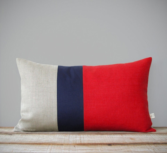 Color Block Stripe Pillow Cover in Poppy Red, Navy and Natural Linen (12x20) by JillianReneDecor - Modern Home Decor - Decorative Pillow