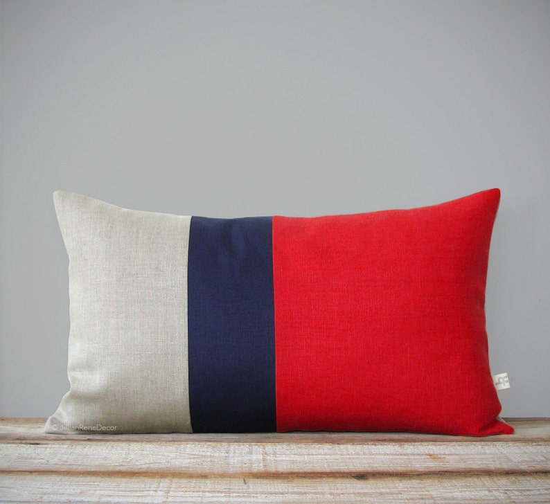 Color Block Stripe Pillow Cover in Poppy Red, Navy and Natural Linen 12x20 by JillianReneDecor Modern Home Decor Decorative Pillow image 1