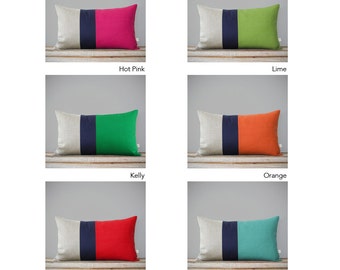 CUSTOM Color Block Pillow Covers - Lumbar Pillows (12x20) Modern Linen Pillows by JillianReneDecor - Navy Striped Trio, Colorblock