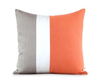 20x20 Color Block Pillow Cover in Orange, Cream and Natural Linen by JillianReneDecor, Minimalist, Modern Decor, Orange Pillow