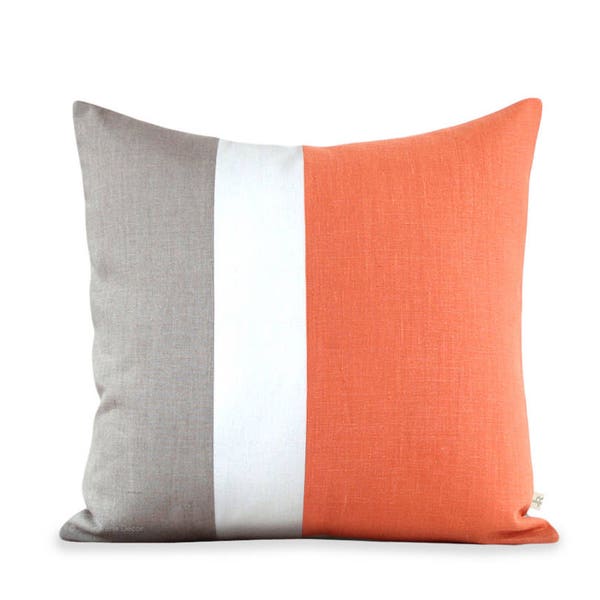 20x20 Color Block Pillow Cover in Orange, Cream and Natural Linen by JillianReneDecor, Minimalist, Modern Decor, Orange Pillow