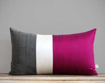 Silk Color Block Pillow Cover in Fuchsia, Cream + Charcoal Gray by JillianReneDecor, Luxury Gift for Her, Hot Pink Magenta (12x20 or 20x20)