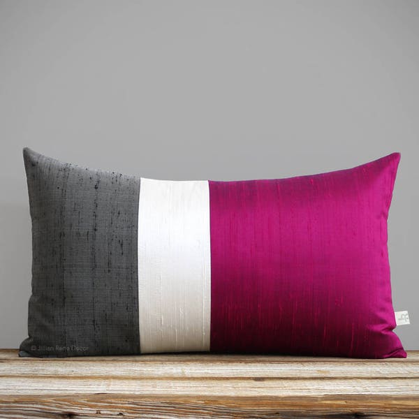 Silk Color Block Pillow Cover in Fuchsia, Cream + Charcoal Gray by JillianReneDecor, Luxury Gift for Her, Hot Pink Magenta (12x20 or 20x20)